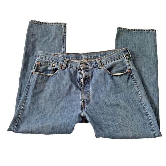 Levis 501 Button-Fly Blue Jeans W35 L30 Straight Fit Vintage Denim - Picture 3 of 13